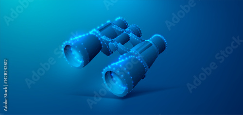Vector illustration of glowing blue wireframe binoculars formed by polygon mesh and light points, futuristic HUD concept symbolizing search, exploration and vision technology. Low poly style.