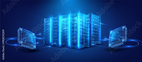 Vector illustration of glowing blue wireframe data-center racks linked to two microchips, futuristic neon HUD scene symbolizing high-performance AI computing, cloud storage and digital infrastructure.