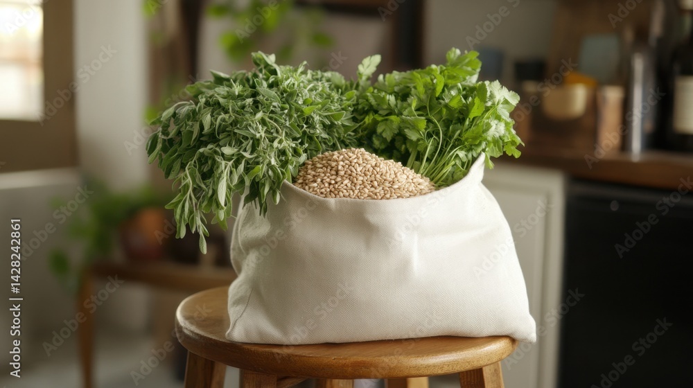 Fototapeta premium A canvas bag on a wooden stool, packed with grains, dry goods, and fresh herbs