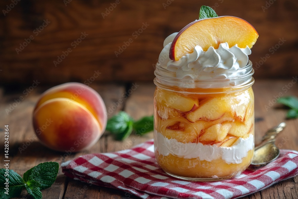 Peach dessert layered with whipped cream and biscuit in a jar on rustic wooden table