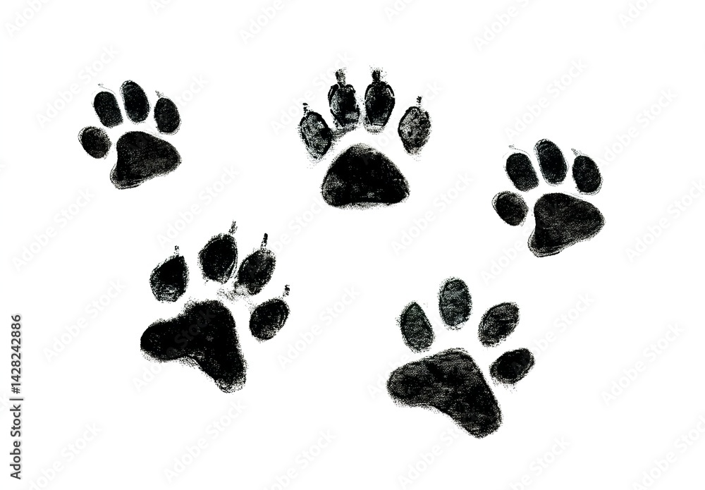 Black animal paw prints on white background in ink style Black animal paw prints on white background in ink style