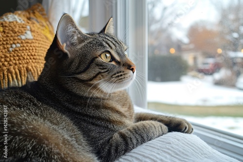 Tabby cat relaxing by window, observing snowy winter day