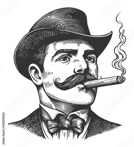 Vintage Gentleman Portrait with Cigar in Linocut Style Illustration