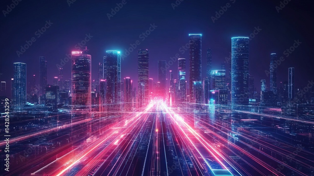 Fototapeta premium Cyberpunk Cityscape with Neon Lights