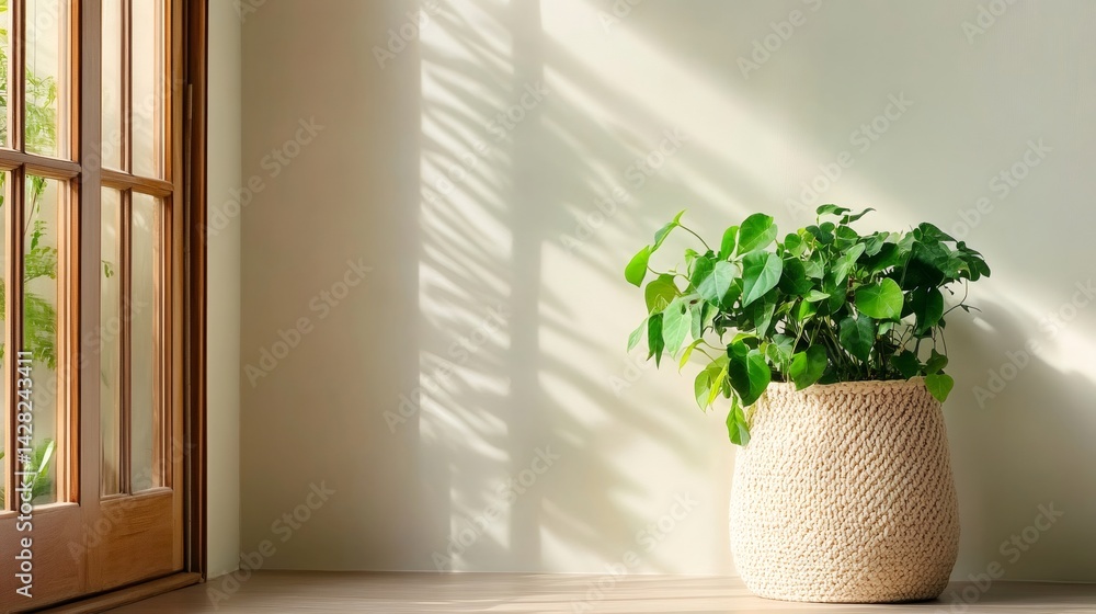 Potted plant casting shadows on wall near window in modern home