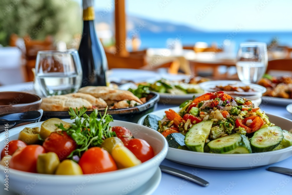 Delicious mediterranean food served on table with sea view