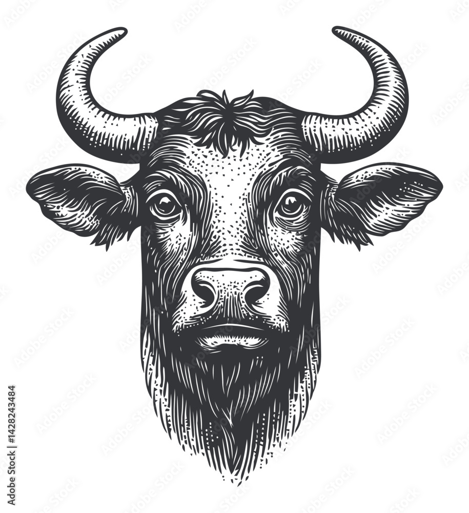 Naklejka premium Black and White Hand Drawn Bull Head in Vintage Linocut Style