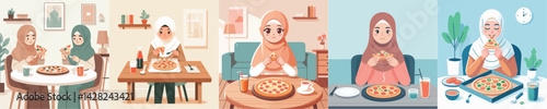 hijab woman vector eating pizza at table