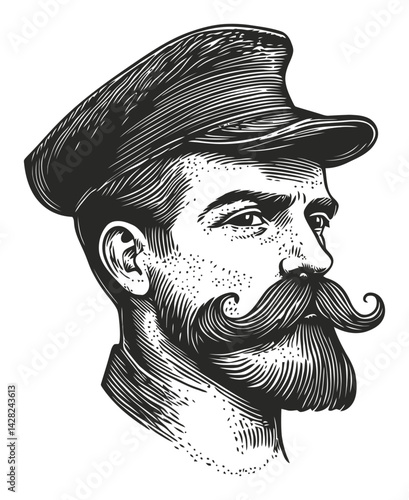 Vintage Hand Drawn Portrait of a Man with Mustache and Hat
