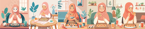 hijab woman vector eating pizza at table