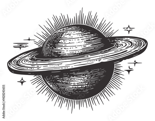 Hand-Drawn Linocut Style Illustration of Planet Saturn with Stars