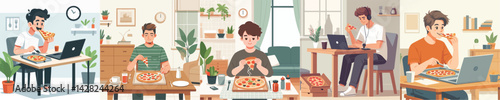 vector man eating pizza at table