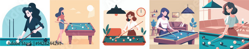 vector set of women playing billiards