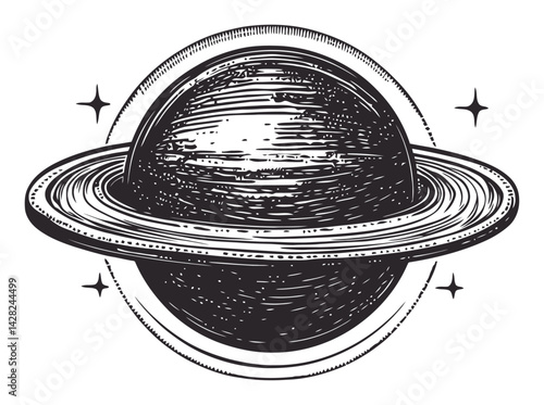 Hand-Drawn Linocut Style Illustration of a Planet with Rings