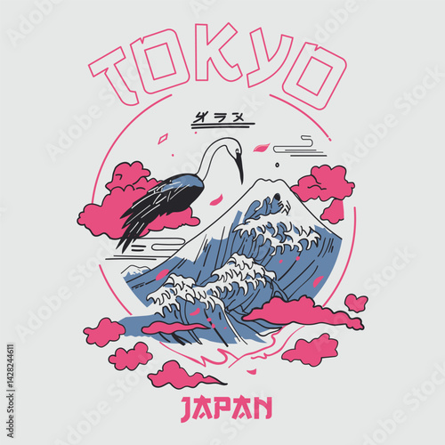 Vibrant Tokyo, Japan inspired graphic design featuring Mount Fuji, cranes, and cherry blossoms.