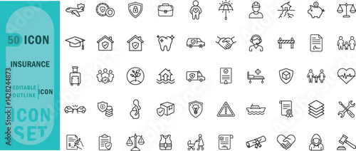 Insurance editable outline icon set. Protection health family legal security safety and more.