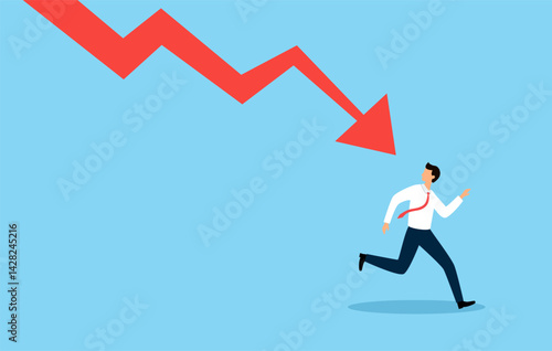 Bankrupt businessman runaway from downward arrow vector. Concept of bankruptcy, failure, recession, crisis and financial losses on stock exchange market.