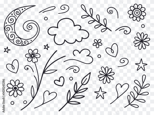 Whimsical doodle set with hand-drawn moon, clouds, hearts, stars, and flowers, perfect for playful design projects, cute stationery, digital scrapbooking, and decorative art illustrations.

