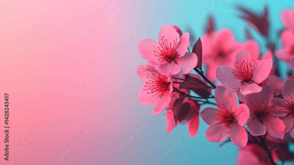 Delicate Cherry Blossom Flowers Against a Soft Gradient Background in Pink and Blue Hues for Spring Decor Delicate Cherry Blossom Flowers Against a Soft Gradient Background in Pink and Blue Hues for Spring Decor