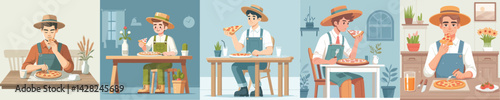 vector farmer eating pizza at table