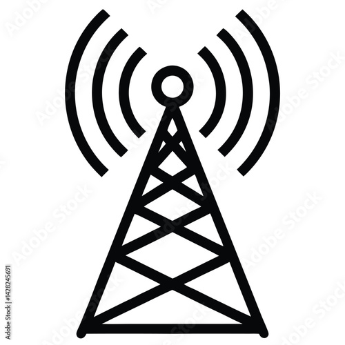 Black And White Outline Icon Of A Communication Tower Broadcasting Signals