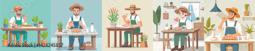 vector farmer eating pizza at table