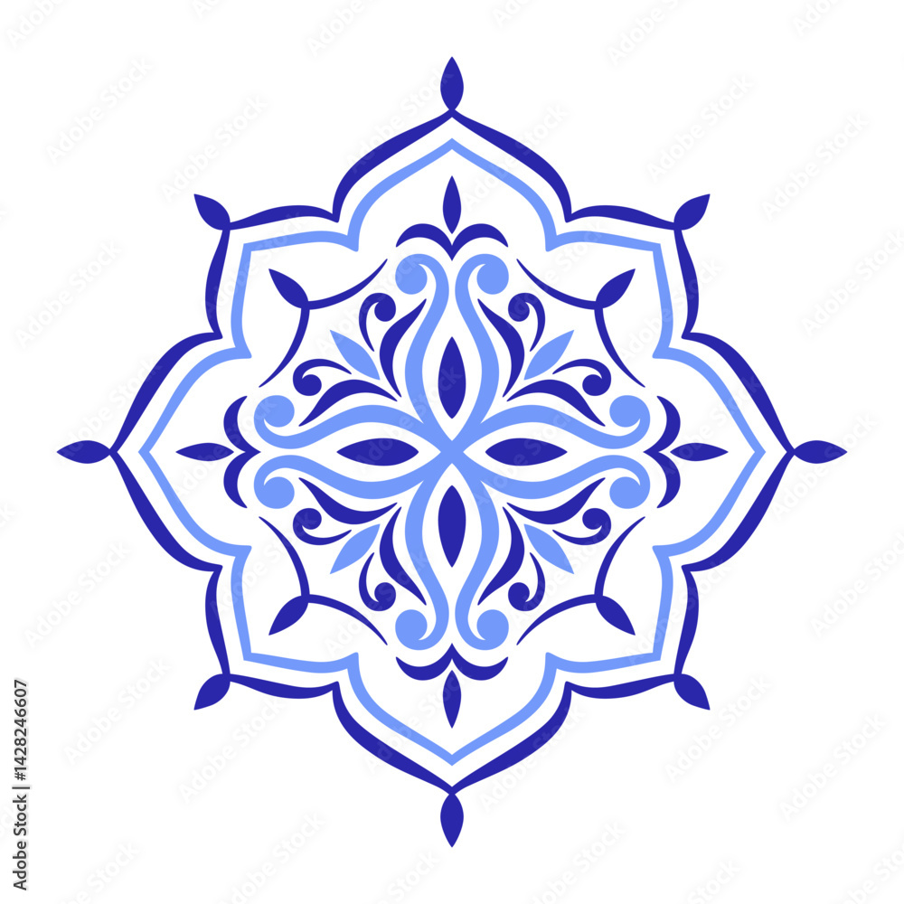 Fototapeta premium Blue floral motif on white background. Traditional ethnic Portuguese, Moroccan, Spanish ornament, mosaic design. Vector illustration