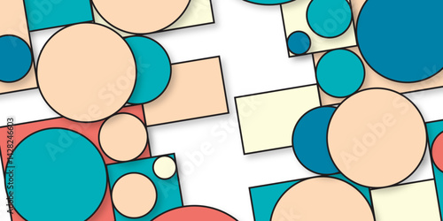 Abstract background with colorful squares and circles. Modern and trendy illustration perfect for decor, cover, print. Minimalist vector seamless pattern of circles and squares design background.