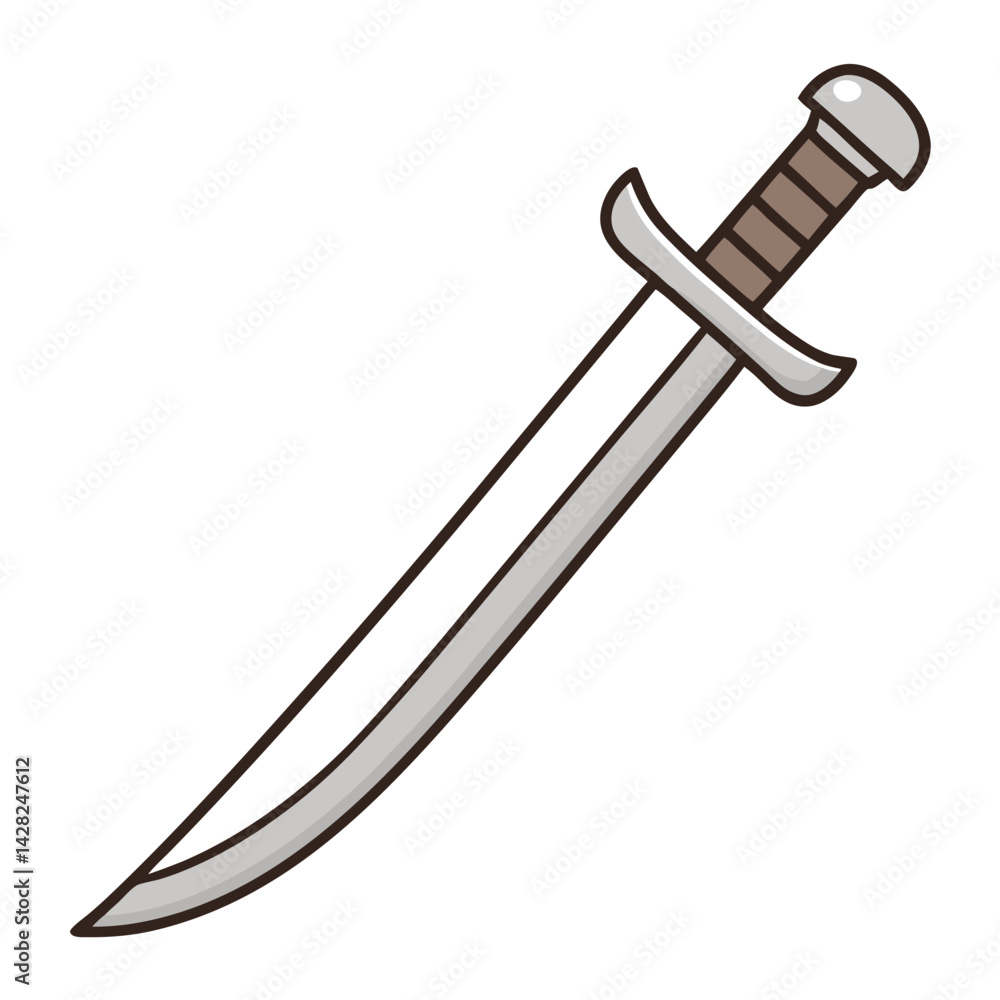 Cartoon Sword Illustration With Brown Handle And Silver Blade On White Cartoon Sword Illustration With Brown Handle And Silver Blade On White