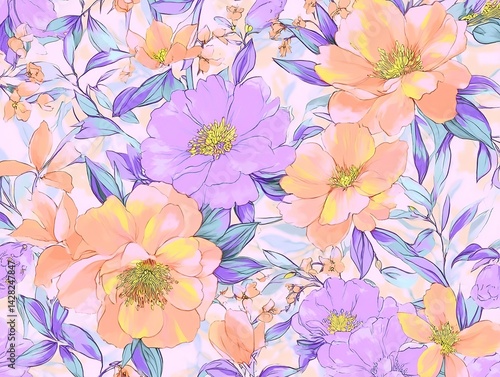 pattern of vibrant watercolor flowers in pastel purple, pink, and yellow tones