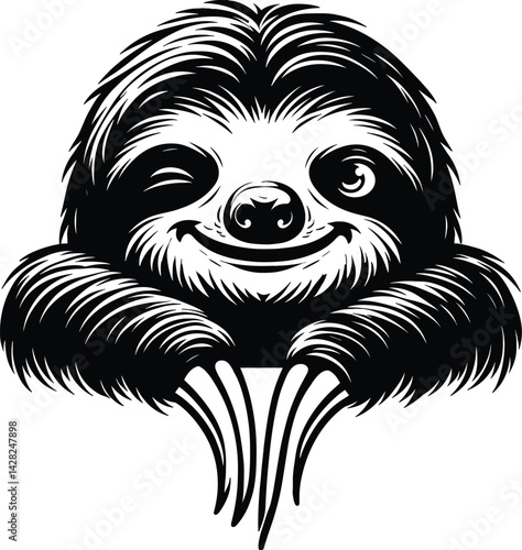 Winking Sloth Face Peeking Silhouette Vector