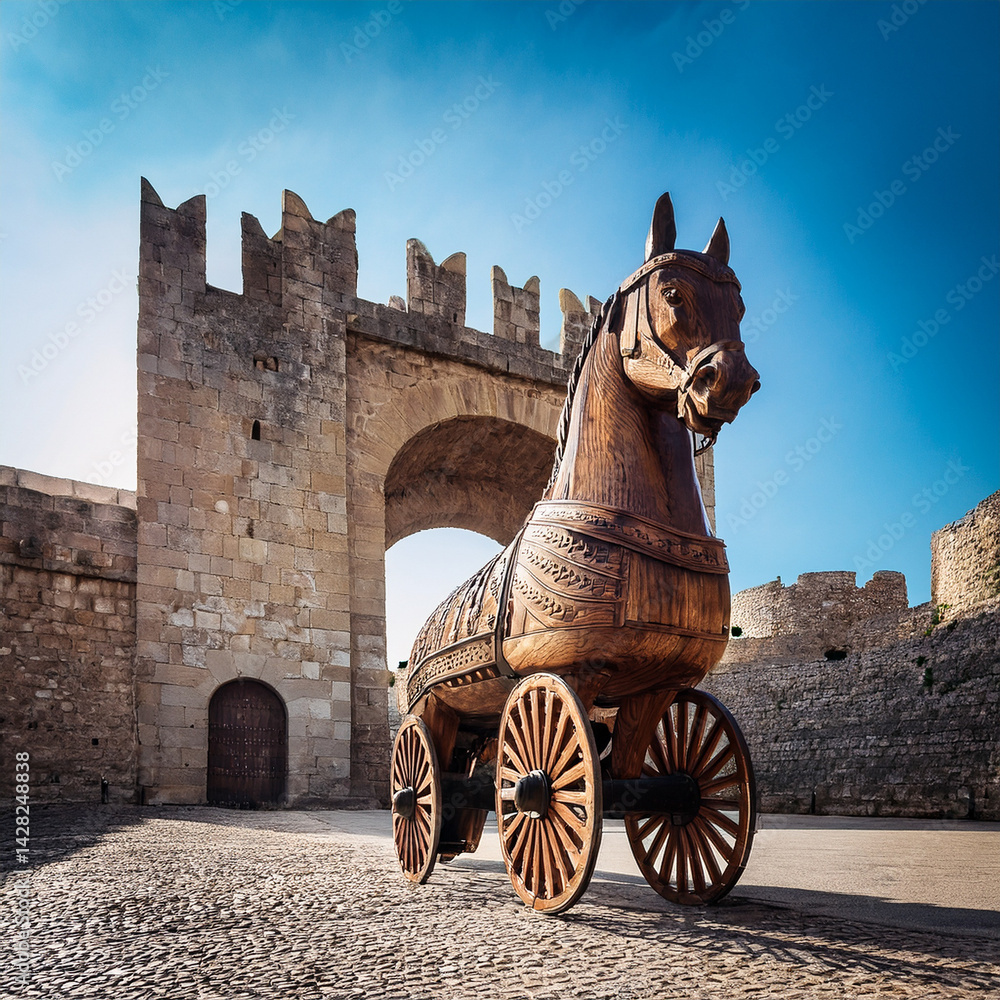 A wooden Trojan horse in front of a fortress gate