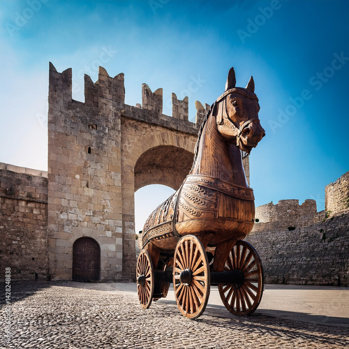 Obraz na płótnie A wooden Trojan horse in front of a fortress gate w salonie