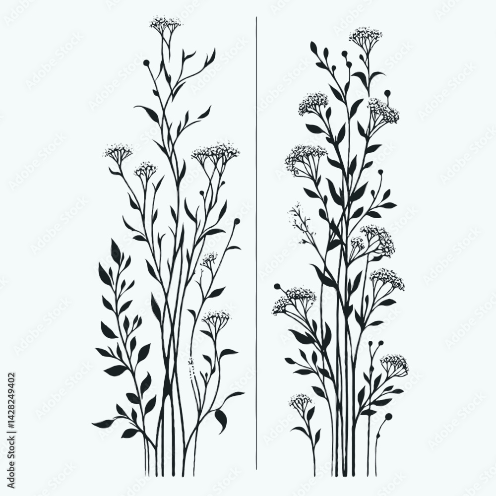 Naklejka premium Hand drawn wild flowers Botanical drawing. line art grasses, stems illustration. Black and White Meadow herbs. Herbaceous blooming plants. Set of outline doodle floral sketch Leaves