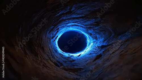 Moving Through a Cave With Glowing Blue Light Slow Motion
