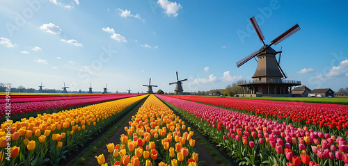 Springtime in Amsterdam with tulip fields in full bloom stretching to the horizon, traditional windmills turning slowly in the breeze – colorful harmony in the Netherlands.