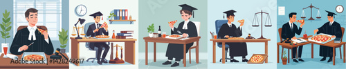 judge character vector eating pizza at table