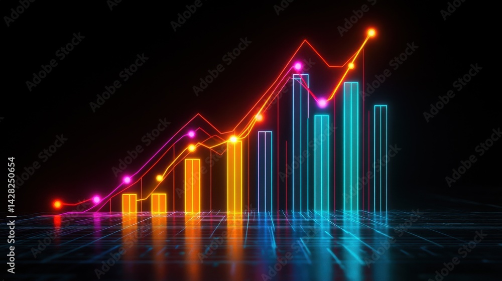 Neon light-style bar chart formed by glowing lines against a black background Neon light-style bar chart formed by glowing lines against a black background
