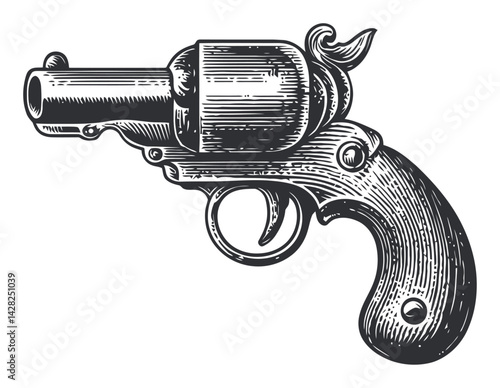Vintage Hand Drawn Revolver in Linocut Woodcut Style Illustration