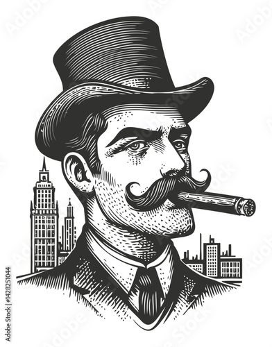 Vintage Gentleman Portrait in Linocut Style with Cigar and Hat
