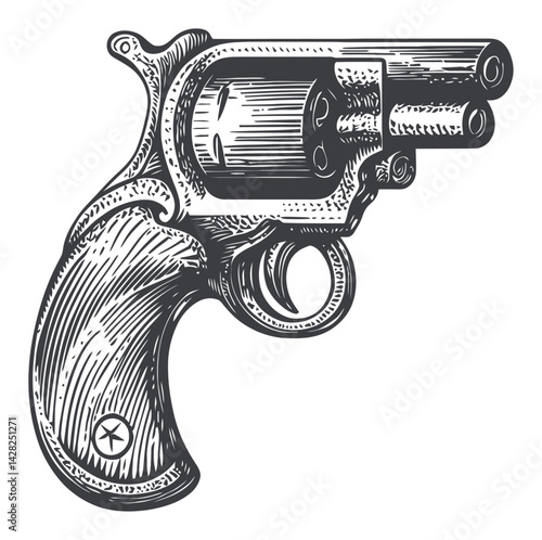 Hand-Drawn Vintage Revolver Illustration in Linocut Style