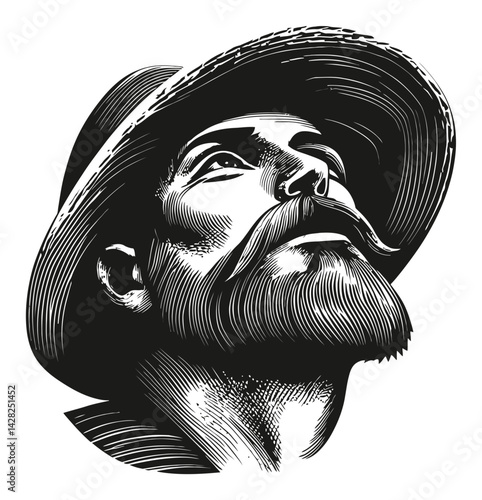 Hand Drawn Woodcut Style Portrait of a Bearded Man in Hat