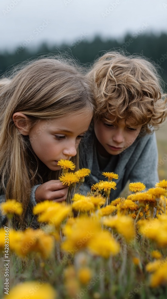 Two children with curious eyes lean close to a cluster of bright yellow wildflowers, inhaling their sweet fragrance. Spring's warmth envelops them as they relish in nature's wonders Two children with curious eyes lean close to a cluster of bright yellow wildflowers, inhaling their sweet fragrance. Spring's warmth envelops them as they relish in nature's wonders