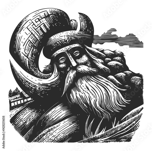 Detailed Hand-Drawn Linocut Artwork of a Bearded Man with Hat