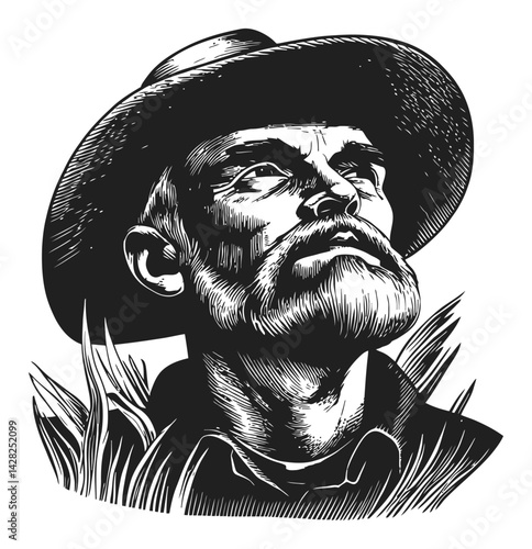 Vintage Linocut Style Portrait of a Thoughtful Man with Hat