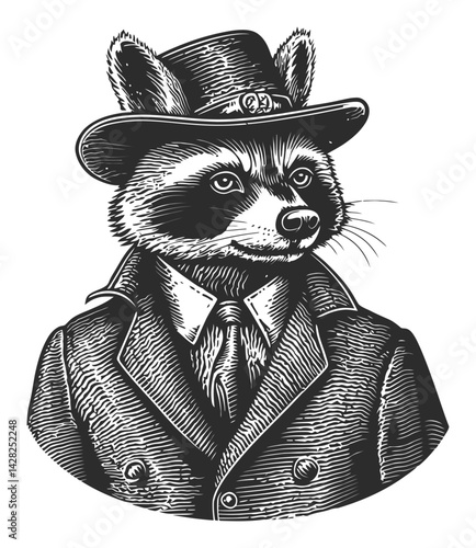 Vintage Linocut Style Portrait of a Dapper Raccoon Wearing a Hat