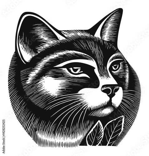 Detailed Hand-Drawn Linocut Style Cat Illustration with Leaves