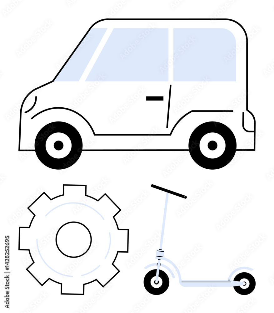 Naklejka premium Compact car, mechanical gear, and kick scooter representing mobility, mechanics, and urban transport. Ideal for innovation, engineering, city planning, eco travel technology mechanics simple