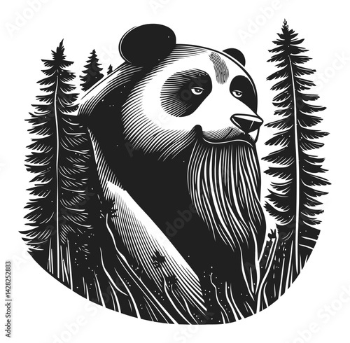 Hand Drawn Panda Illustrating Nature in Linocut Woodcut Style