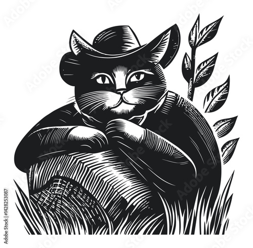 Cat Sitting with Hat in Hand-Drawn Linocut Style Artwork